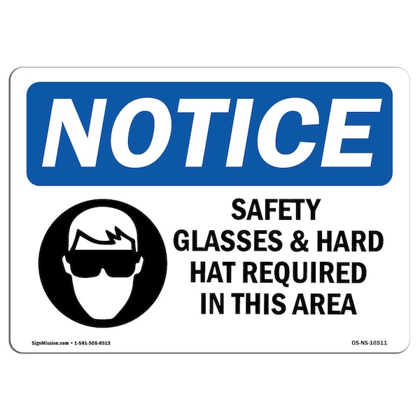 OSHA Sign, Safety Glasses And Hard Hats Required Symbol, 18in X 12in Decal, 18" W, 12" H, Landscape